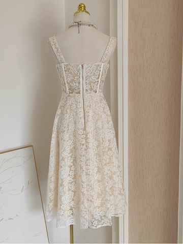 A Line Spaghetti Straps Tulle Lace White Women's Holiday Dresses SD223